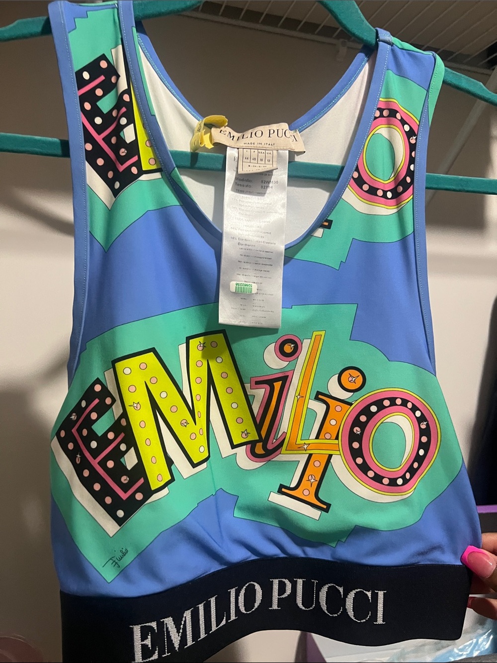 Emilio Pucci Blue Aqua Multicolor Logo Graphic Crop Tank